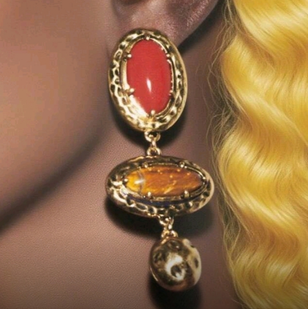 NEW! Zara Statement Retro Gold and Red Dangle Drop Post Earrings